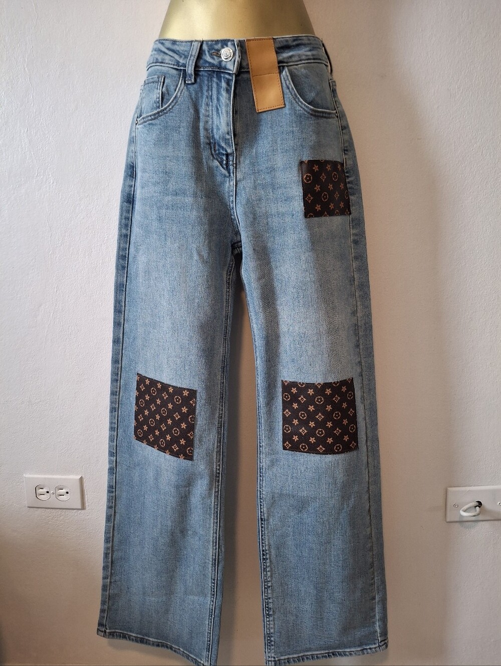 Designer-Inspired Light Blue Wide Leg Jeans with Monogram Patch Details